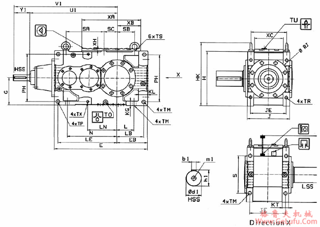 MC系列硬齿面中型齿轮减速机安装尺寸(3级锥齿轮―斜齿轮减速机水平安装)(图2)
