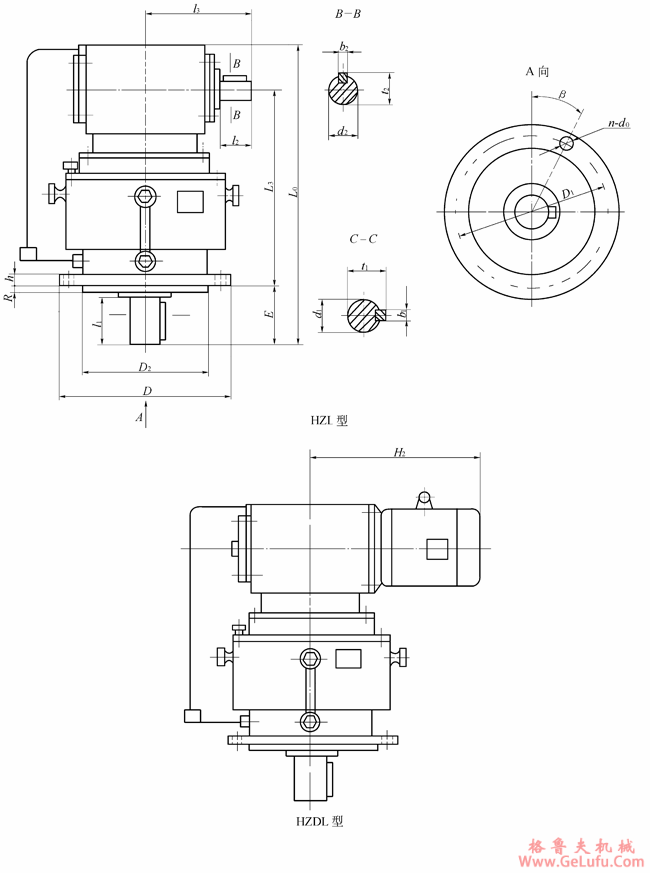 HZL16、HZDL16、HZL18、HZDL18、HZL20、HZDL20、HZL22、HZDL22、HZL25、HZDL25、HZL28、HZDL28、HZL31、HZDL31、HZL35、HZDL35、HZL40、HZDL40、HZL45、HZDL45、HZL50、HZDL50、HZL56、HZDL56型垂直出轴混合少齿差行星齿轮减速机型式及主要尺寸JB/T7344-1994(图2)