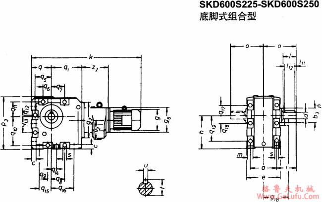 SKD600S225-SKD600S250底脚式组合型斜齿轮―蜗旋伞齿轮减速电机外形及安装尺寸(图2)