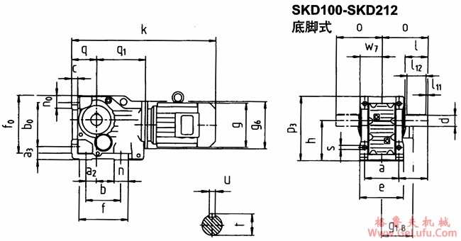 SKD100-SKD212底脚式安装斜齿轮―蜗旋伞齿轮减速电机外形及安装尺寸(图2)