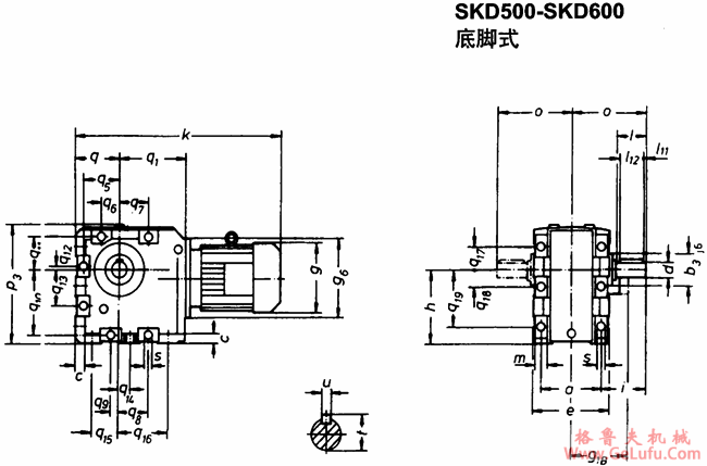 SKD500-SKD600底脚式安装斜齿轮―蜗旋伞齿轮减速电机外形及安装尺寸(图2)