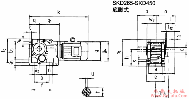 SKD265-SKD450底脚式安装斜齿轮―蜗旋伞齿轮减速电机外形及安装尺寸(图2)