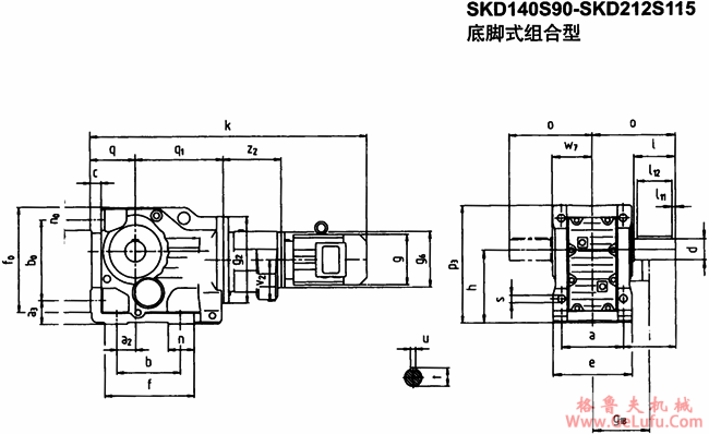 SKD140S90-SKD212S155底脚式组合型斜齿轮―蜗旋伞齿轮减速电机外形及安装尺寸(图2)