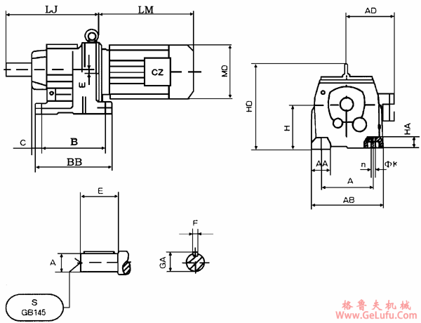 CZR17、CZR27、CZR37、CZR47、CZR57、CZR67、CZR77、CZR87、CZR97、CZR107、CZR137、CZR147、CZR167、齿轮减速电机安装及外形尺寸(图2)