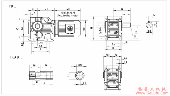 TK38、TK48、TK58、TK68、TK78、TK88、TK98、TK108、TK128、TK158、TKAB48、TKAB58、TKAB68、TKAB78、TKAB88、TKAB98、TKAB108、TKAB128、TKAB158、系列螺旋伞齿轮减速机外形安装尺寸(图2)