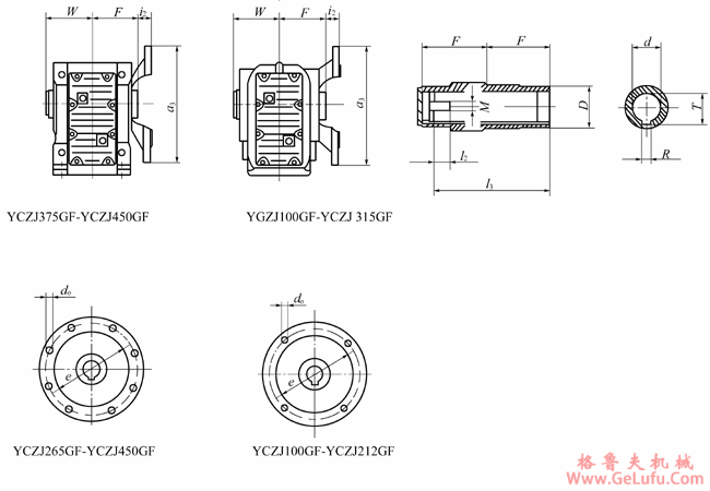 YCZJ100GF、YCZJ112GF、YCZJ140GF、YCZJ180GF、YCZJ212GF、YCZJ265GF、YCZJ315GF、YCZJ375GF、YCZJ450GF系列斜齿轮－螺旋锥齿轮减速三相异步电动机外形及安装尺寸(图2)