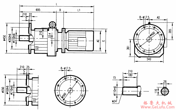 GRF167系列斜齿轮减速电机安装结构尺寸(图2)