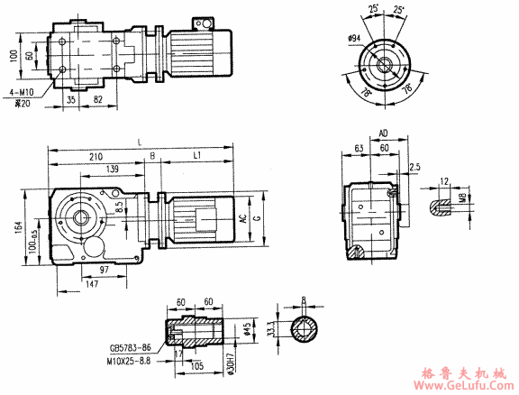 GKA37型斜齿轮弧齿锥齿轮减速电机安装结构图尺寸(图2)