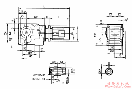 GKA127型斜齿轮弧齿锥齿轮减速电机安装结构图尺寸(图2)