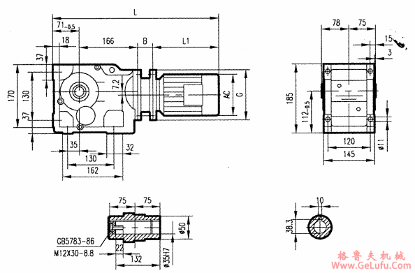 GKAB47型斜齿轮弧齿锥齿轮减速电机安装结构图尺寸(图2)