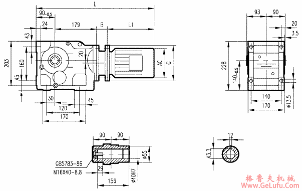 GKAB67型斜齿轮弧齿锥齿轮减速电机安装结构图尺寸(图2)