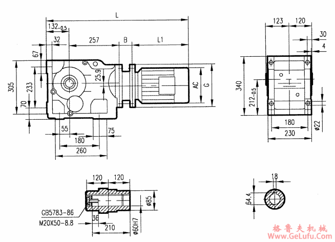 GKAB87型斜齿轮弧齿锥齿轮减速电机安装结构图尺寸(图2)