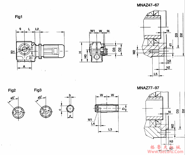 MNAZ47、MNAZ57、MNAZ67、MNAZ77、MNAZ87、MNAZ97、系列圆柱蜗杆减速机的安装尺寸(图2)