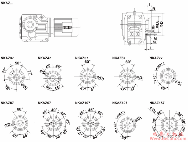 NKAZ37、NKAZ47、NKAZ57、NKAZ67、NKAZ77、NKAZ87、NKAZ97、NKAZ107、NKAZ127、NKAZ157、系列螺旋锥齿轮减速机安装尺寸(图2)