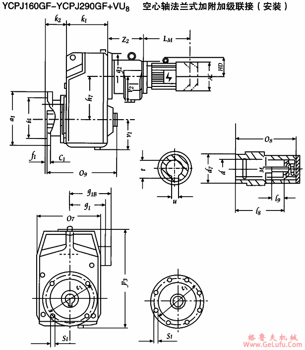 YCPJ160GF-YCPJ290GF+VU8  空心轴法兰式加附加级联接安装及外形尺寸(图2)