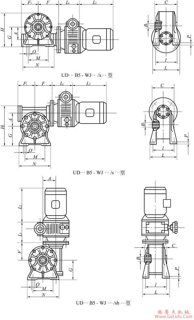 UD…B5-WJ…/x…型、UD…B5-WJ…/s…型、UD…B5-WJ…/sh…型基本型与蜗轮减速机组合外形安装尺寸(图2)