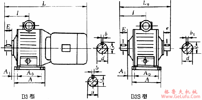 XB系列钢球式无级变速机B3型(无端盖法兰有地脚)和B3S型(双轴有地脚)外形安装尺寸(图2)