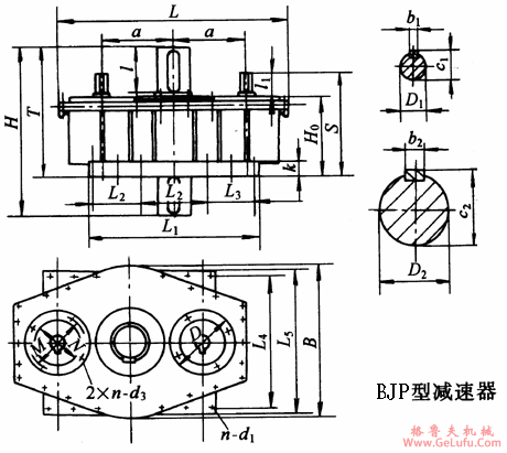 BJP125、BJP145、BJP175、BJP215、BJP255、BJP300、BJP350、BJP400、BJP450型三环减速机外形及安装尺寸(图2)