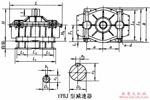 YPBJ215、YPBJ255、YPBJ300、YPBJ350、YPBJ400、YPBJ450、YPBJ500、YPBJ550、YPBJ600型三环减速机外形及安装尺寸(图2)