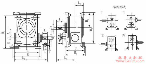 WHT42、WHT65、WHT80、WHT100型圆弧圆柱蜗杆减速机I―IV式安装型式及尺寸JB2318―79(图2)