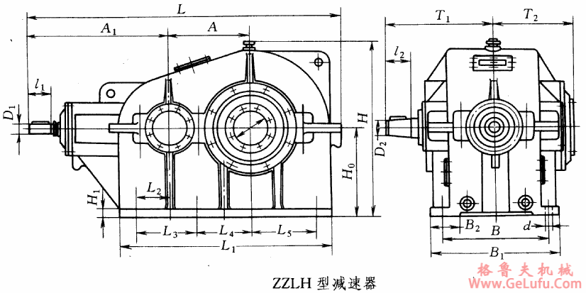 ZZL40H、ZZL45H、ZZL50H、ZZL55H、ZZL60H、ZZL65H、ZZL70H、型圆锥圆柱齿轮减速机外形尺寸(图2)