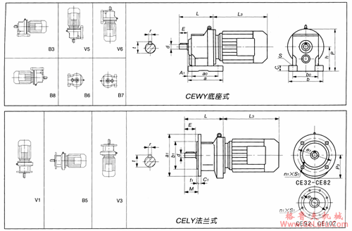 CE32、CE42、CE62、CE72、CE82、CE92、CE102、二级斜齿轮减速机安装尺寸图表(图2)
