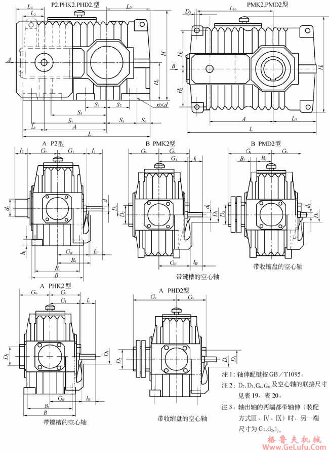 P2、PMK2、PMD2、PHK2、PHD2型减速机外形及安装尺寸(图2)