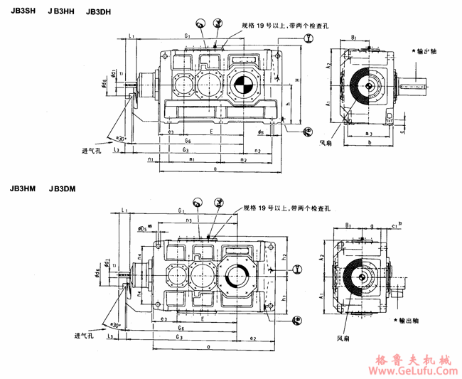 JB3.H、JB3.M型直交轴工业齿轮箱外形及安装尺寸（规格13...22）(图2)