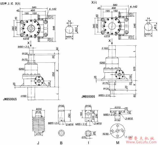 JWB500丝杠升降机外形尺寸表(图2)